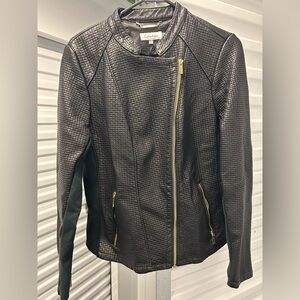 Calvin Klein | Black Faux Leather Jacket | Moto Biker Style | Gold Zippers | M
